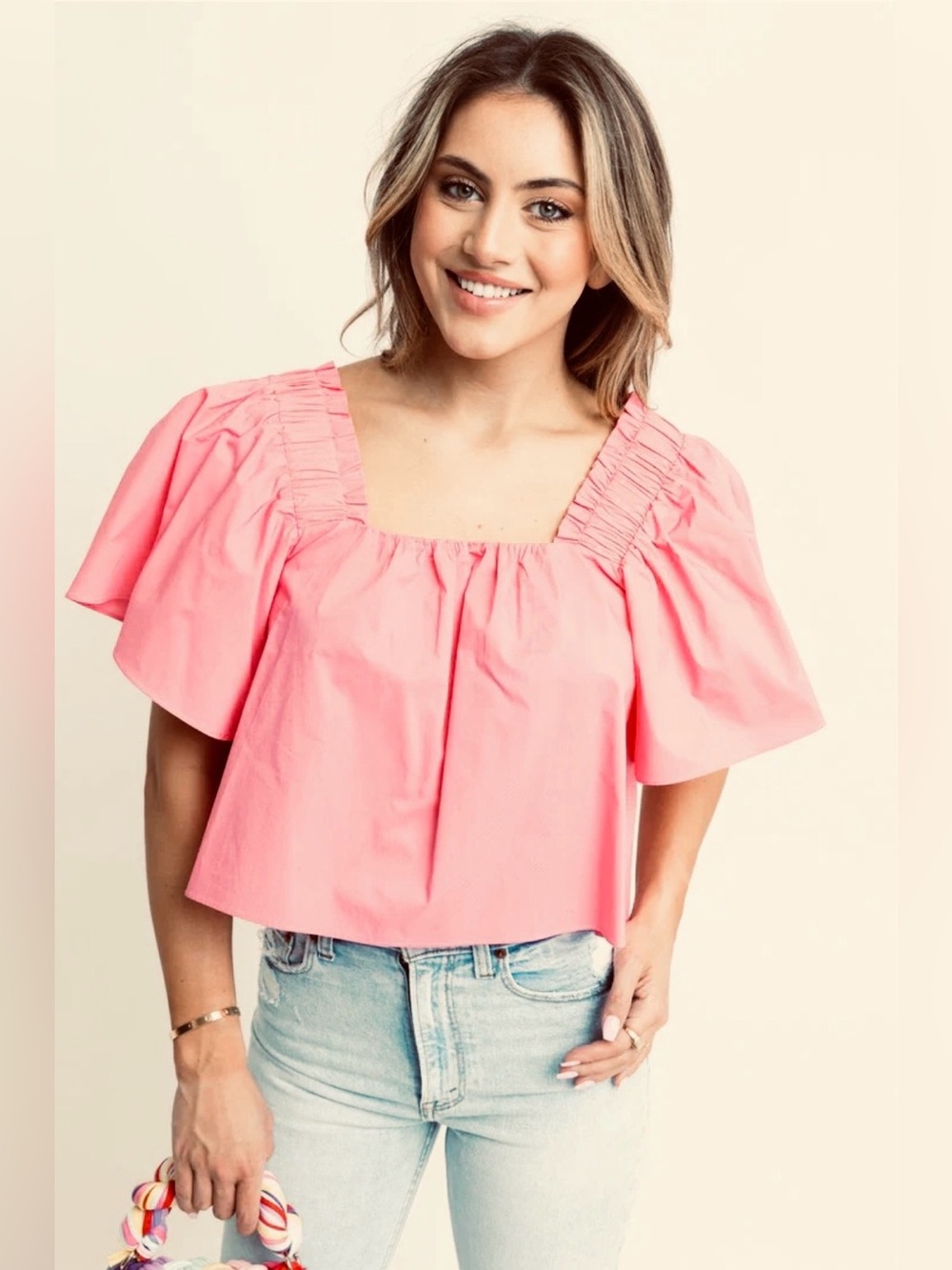 Karlie Pink Solid Poplin Square Neck Top